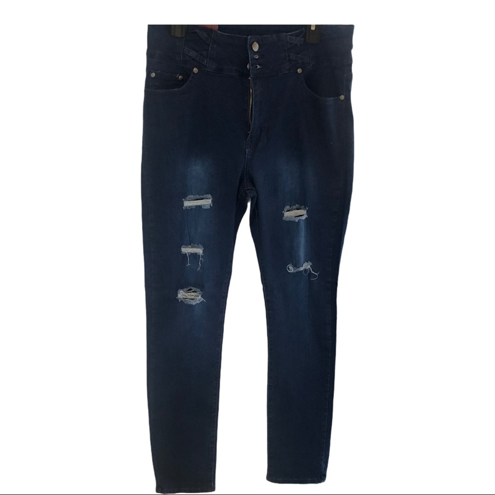 T&Y Fashion Dark Wash Distressed 3 Button …